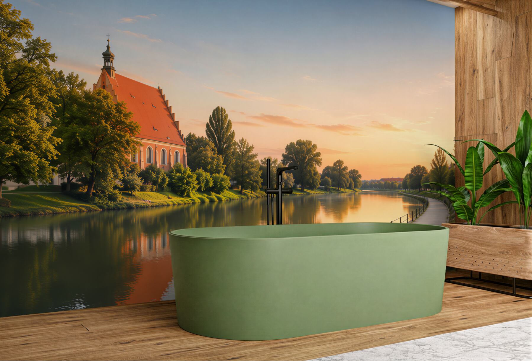 Fototapeta Architektura miasta Bydgoszcz z odbiciem w rzece Brda o zachodzie słońca?v23